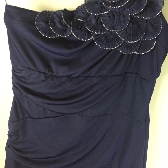 B Darlin One Shoulder Metallic Rosette Ruched Navy Mini Dress Size 11/12 - Picture 6 of 7